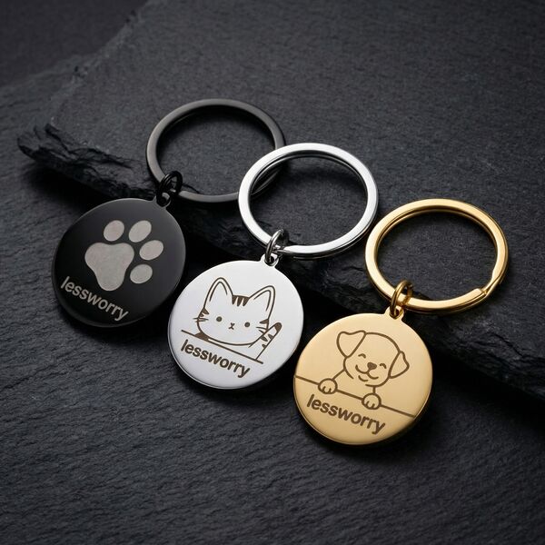 LessWorry engraved metal pet ID tags in black, silver and gold